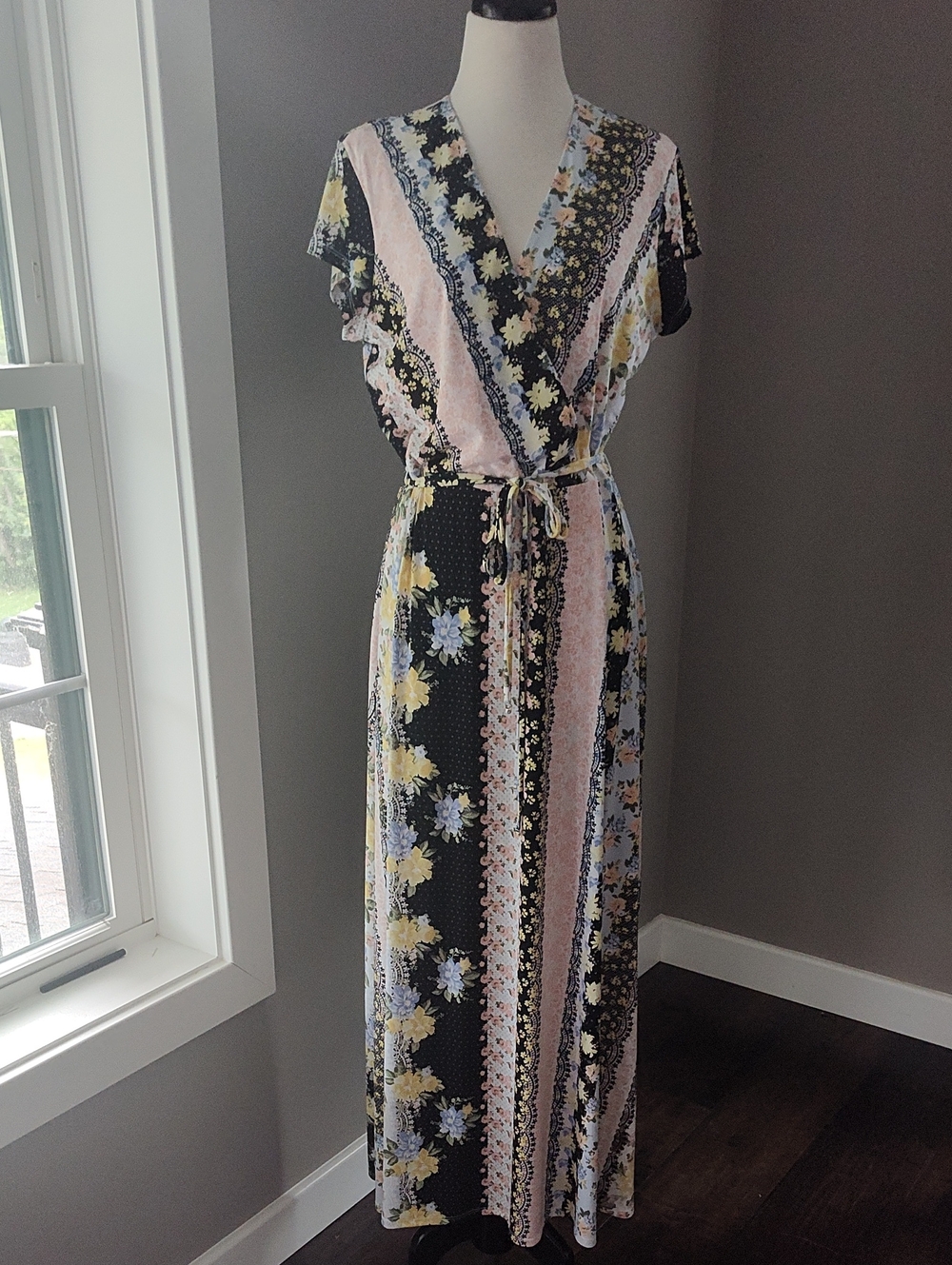 Beautiful Striped Floral Crossover Top Maxi Dress in Pink & Black